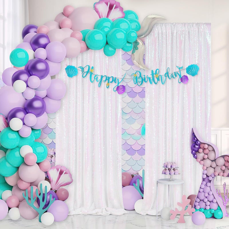 QueenDream White Iridescent Sequin Backdrop 2 Panels 2FTx8FT Unicorn Backdrop Curtains Glitter Party Backdrop for Girls Birthday Decorations - Image 2